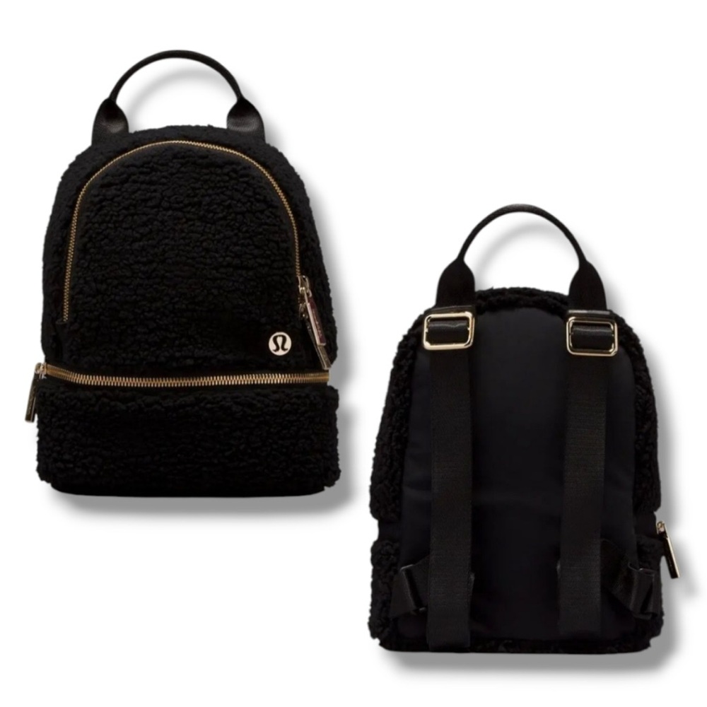 lululemon athletica Black Sherpa Mini Backpack with Gold Hardware